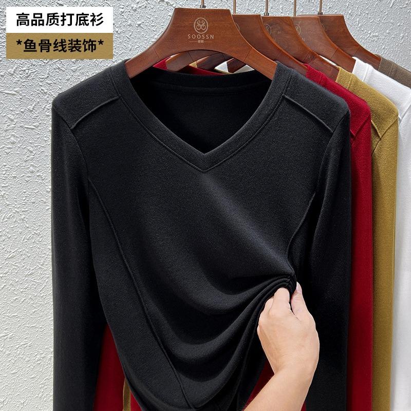 Front shoulder women's spring and summer new fishbone line design top women's bottoming shirt long sleeve t-shirt