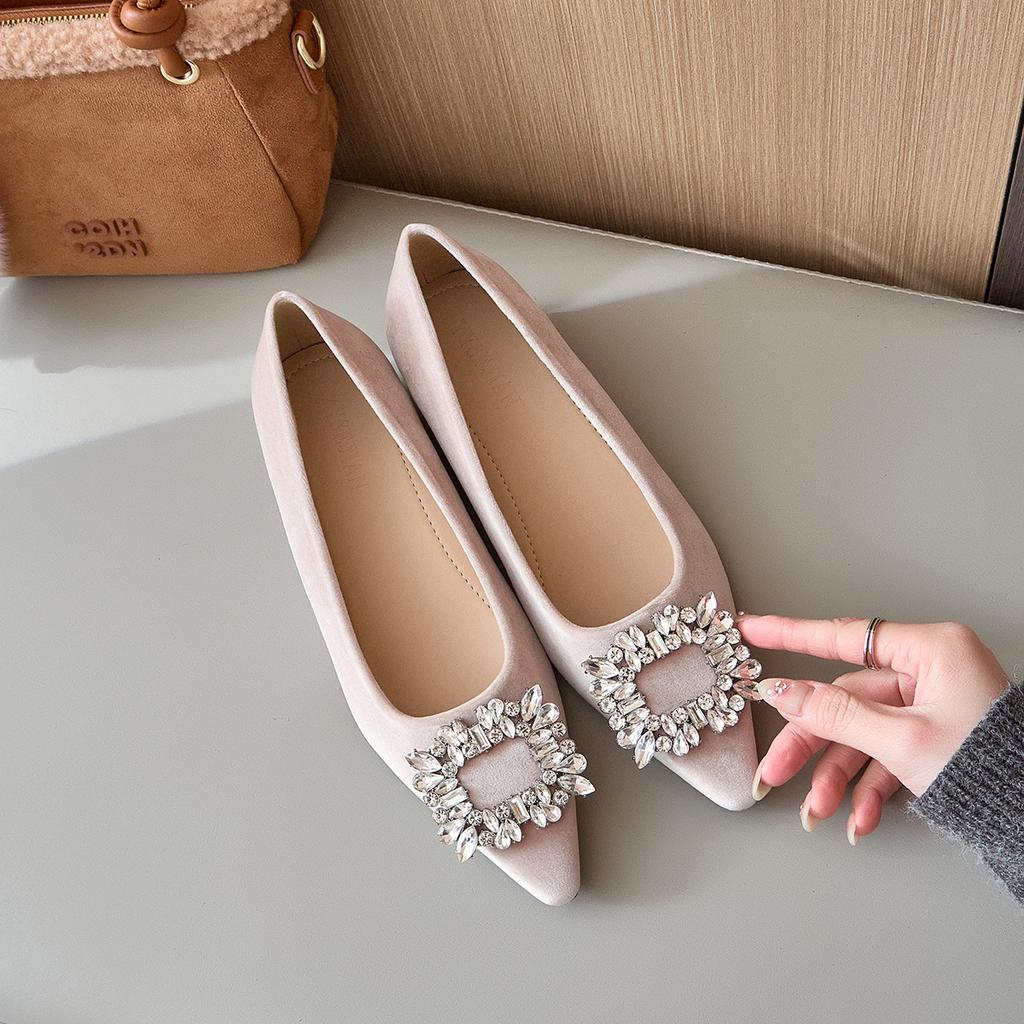 Women's Shoes 2026 Spring New French Pointed Toe Suede Shallow Mouth Flat Shoes Diamond Decorated Elegant Banquet Casual Shoes