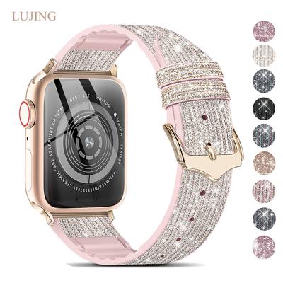 Silicone+Leather Strap For Apple Watch Band 44mm 40mm 45mm 49mm 41mm 38mm 42mm Bling Correa Bracelet iWatch Series 9 3 6 SE 7 8 Ultra2