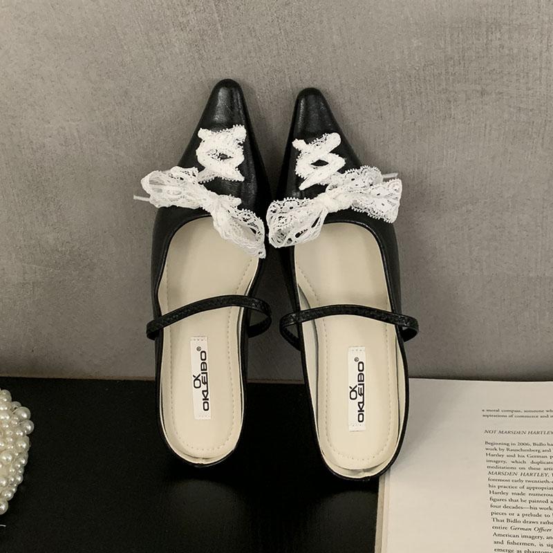 Fashion Fashion Lace Up Women Flats Mary Janes Shoes Female Slides Pointed Toe Footwear Shallow Dress Ladies Flats With Shoes Mules