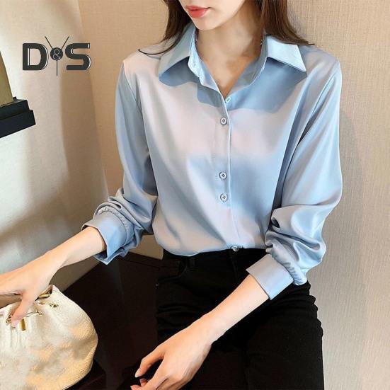Women Shirt Pure Color Single Breasted Turn Down Collar Plus Size Long Sleeve Cardigan Soft Casual OL Commute Bottom Blouse Lady Top