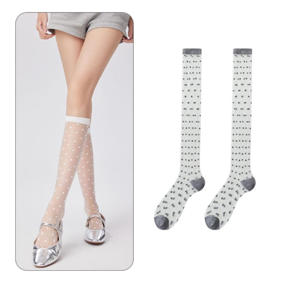 Fashion Ultra-thin Women Stockings Transparent Crystal Silk Long Socks Polka Dot Pattern Elastic Knee Socks Sweet Girls One Size серый