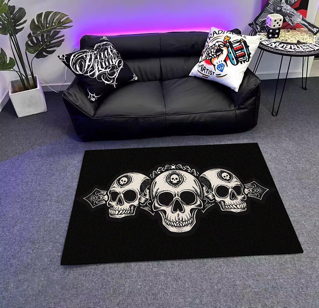Modern Style Skull Pattern Black Carpet Big Size Non-slip Living Room Rug Soft Easy Cleaning Entrance Door Mat Machine Washable