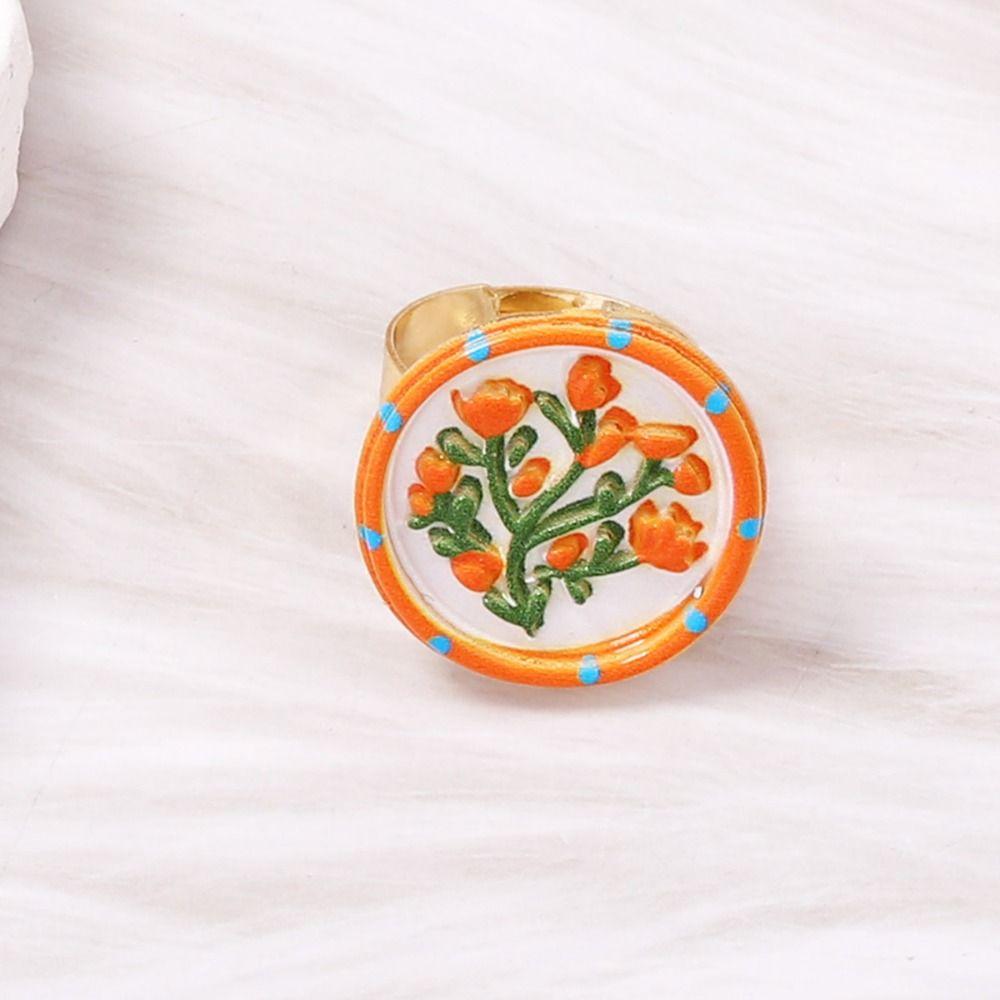 Ethnic Style Enamel Flower Ring French Glazed Ring Luxury Vintage Ring Women