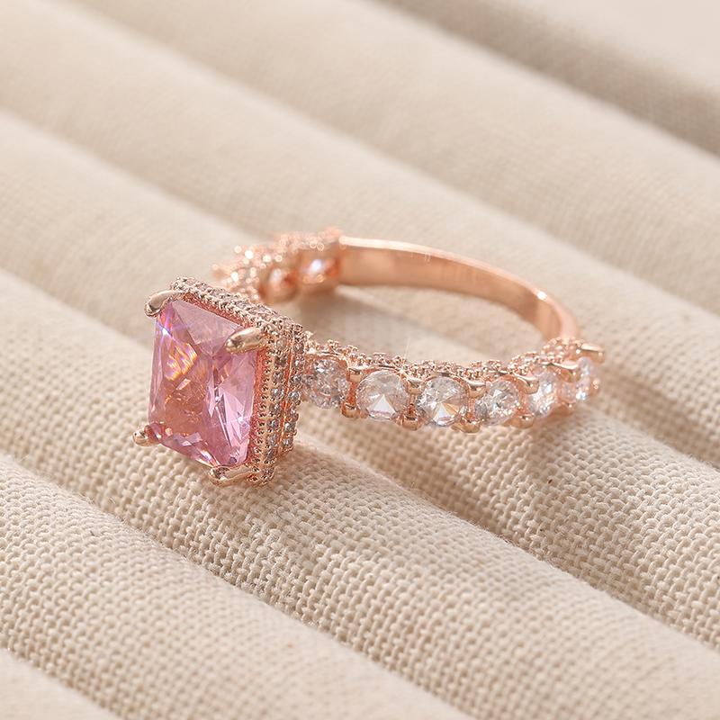 Luxury Rose Gold Color Inlaid White Pink CZ Women's Ring Geometry Fashion Daily Wear Party Jewelry