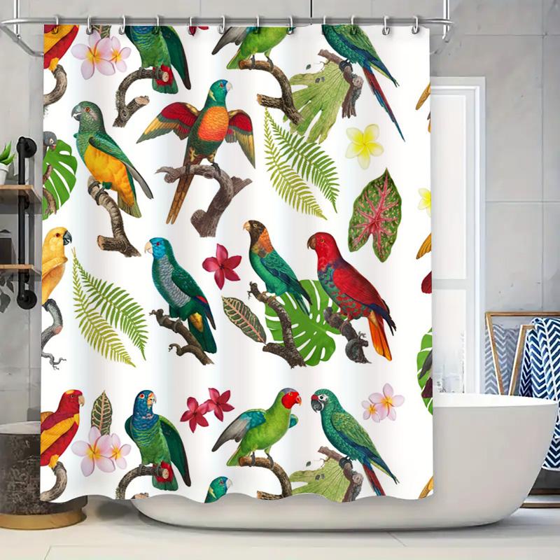 Vivid Parrot Shower Curtain: Waterproof Fabric with Tropical Bird Design Decorative Bath Rug Made from Recycled Plastic