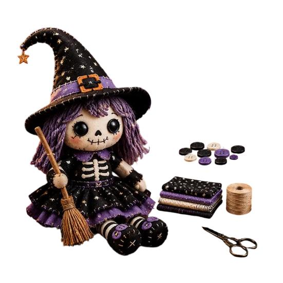 Bastelset für Kinder und Erwachsene Skelett Hexe Patchwork-Set, Gothic Mädchenpuppe DIY Gruselige Halloween-Näherei für Erwachsene Teenager Handgemachtes Geschenk Handarbeits-Starter
