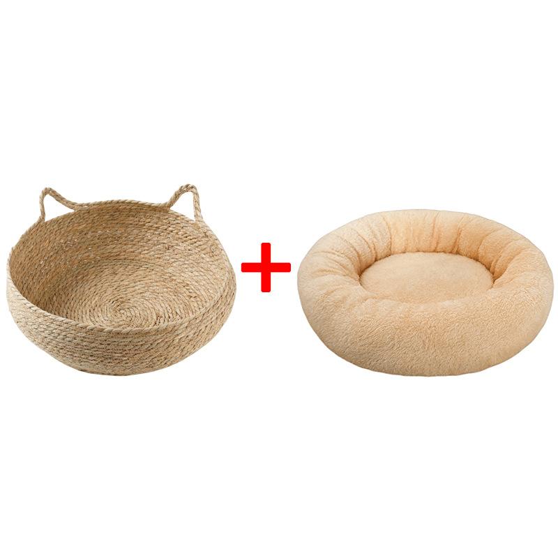 Woven Cat Bed Natural Cat Bed Straw Nest Woven Pet House Handmade Braided Cattail Leaf with Soft Cushion Mat