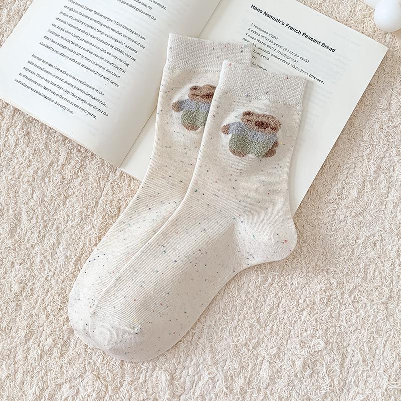 Dot Yarn Cartoon Bear Mid-Calf Socks for Women - Cute Japanese Style Cotton Socks for Spring and Autumn One Size