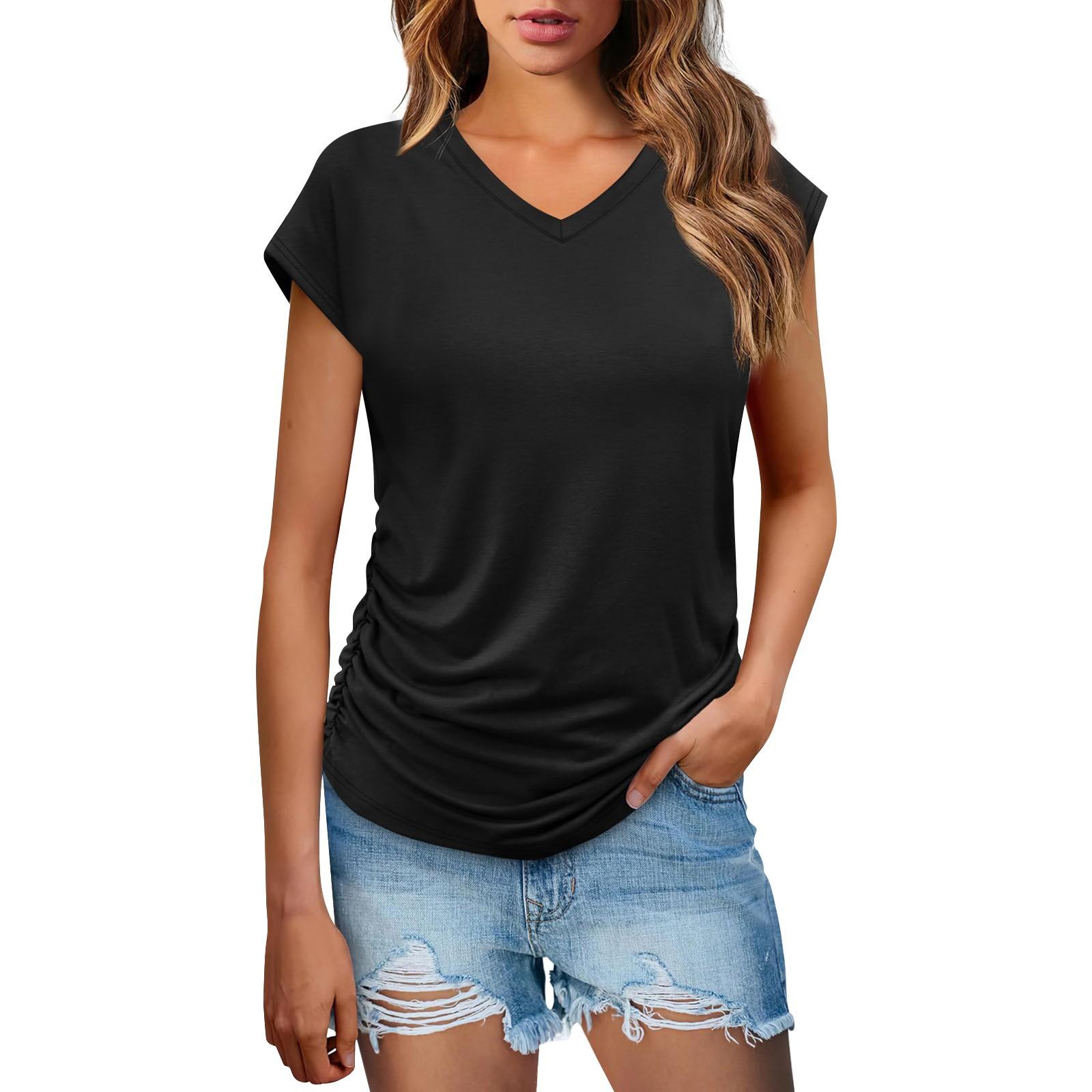 

Женские летние топы, повседневные, с оборками, коротким рукавом, круглым вырезом, свободные, плиссированные футболки L чёрный