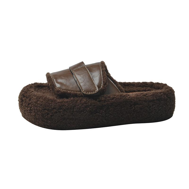 Wearing thick-bottomed lazy fluffy slippers, women's 2025 autumn Korean version of casual velvet one-word home retro cotton slippers