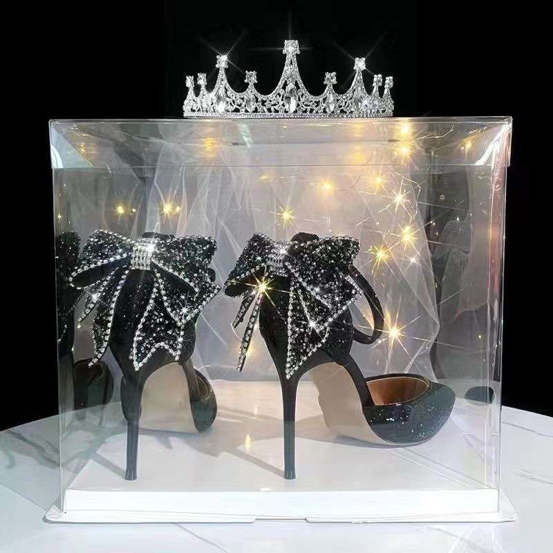 French Pointy Shallow Mouth Temperament Elegant Sequin Bow High Heels Women's Fine Heel Pearl Line with A Single Shoe