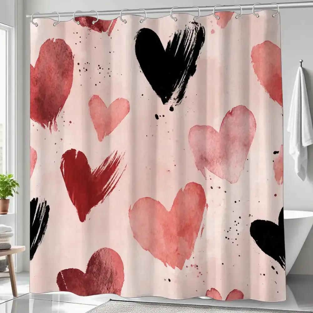 

Shower Curtain With Red And Black Heart Pattern, Made Of Polyester Fabric, Machine Washable, Suitable For Bathroom Decoration. W60H190(CM)-1 Pcs