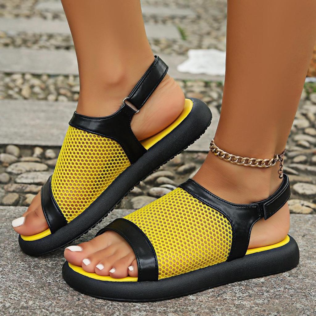 Fashion Summer Breathable Mesh Sandals Women Open Toe Flat Sandals Casual Fish Mouth Plus Size New Korean Comfort Beach Low Heel Sandals