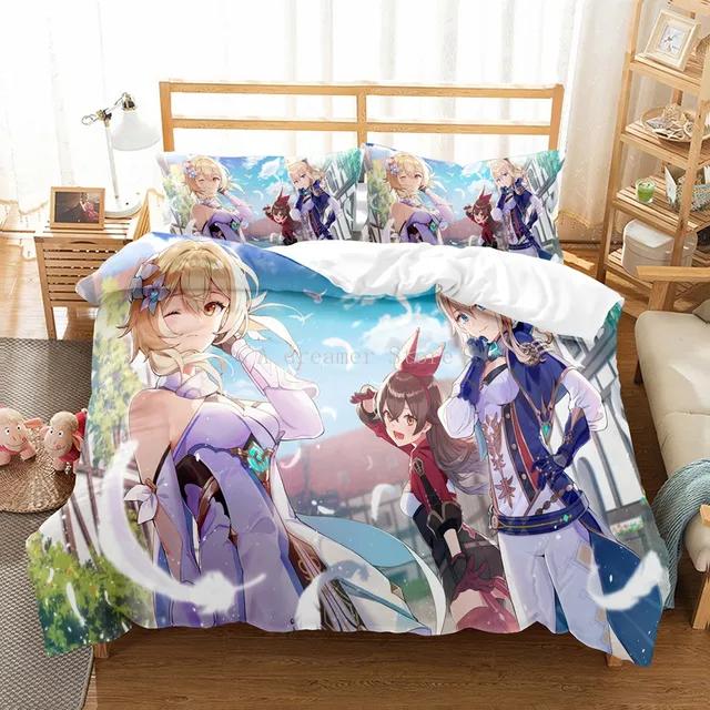 Genshin Impact Bedding Set For Kids Teens Boys Girls Game Duvet Cover With Pillowcase Microfiber Bedclothes Cartoon Bed Linen