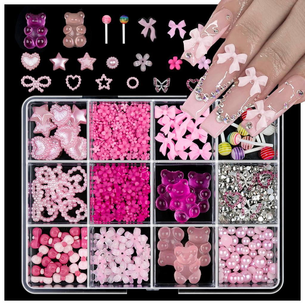 1 Box Colorful Mixed Nail Charms 3D Bowknot Flower Star Pearls Rhinestone Nail Art Decorations DIY Manicure for Nail Salon
