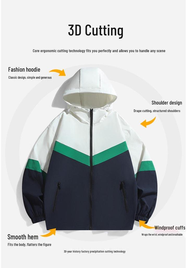 Unisex Korean-Style Color Block Baseball Jacket: Casual, Sporty, Hooded, Thin Windbreaker for Spring & Autumn with Long Sleeves.