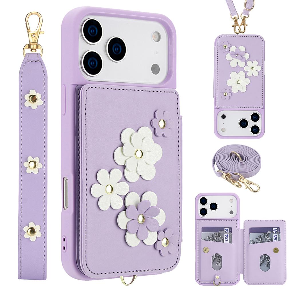 Applicable to iPhone16E multi-function mobile phone case 17Pro flower card holder anti-drop diagonal span rope portable rope