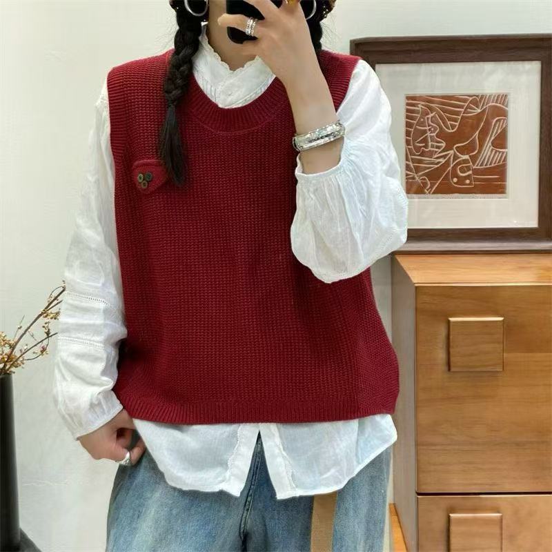 

Женский весенний серый вязаный жилет с круглым вырезом, свободного кроя, устойчивый к пиллингу, для многослойности, топ без рукавов One Size красный