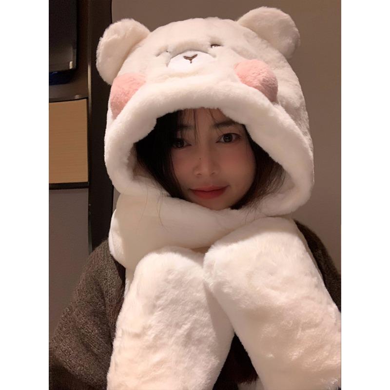 

Cute Bear Hat Scarf Gloves One-piece Set for Women In Winter Warmth Plus Velvet Thickened Cycling Cold Proof Scarf average size