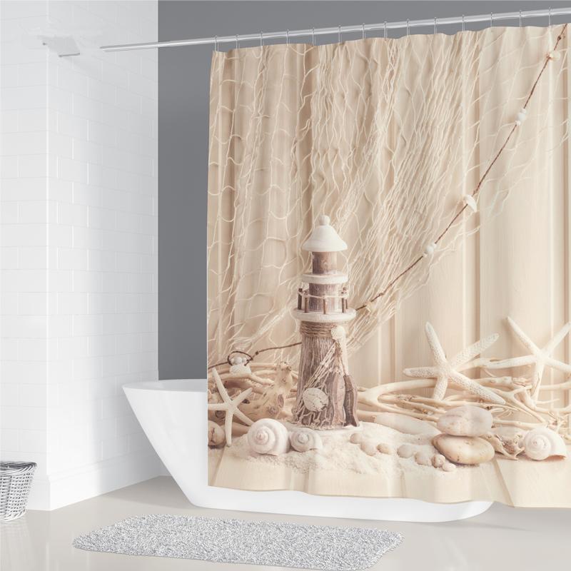 

200X180Cm Curtain For Bathroom 3D Starfish Shell Printing Waterproof Household Decorative Curtain With 12 Hooks Shower Curtain W60H190(CM)-1 Pcs