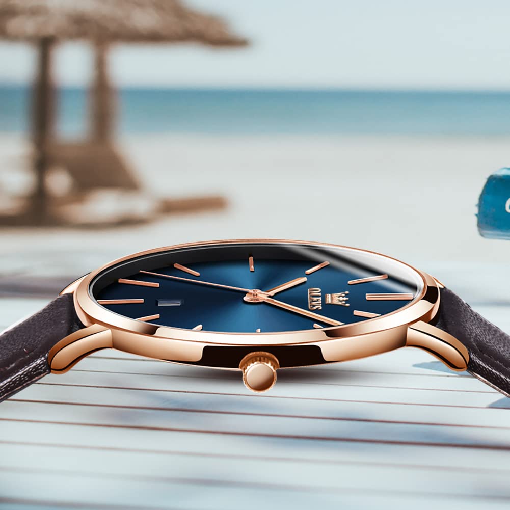 OLEVS Montre pour homme 40 mm Boîtier fin Affichage de la date Étanche 30 m Bracelet style cuir Business Casual Options multicolores Légère 35 g Montre de mode