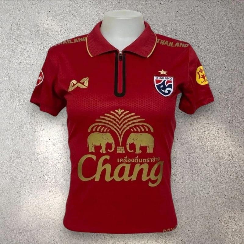 Damen Thailand National Football Soccer Training JERSEY CHEER Fan Print Zip Vintage Retro Quick Dry Polo Shirt Kurzarm Elefanten Logo