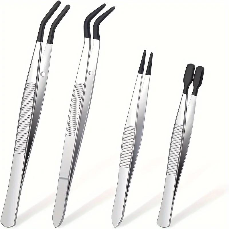 1-5PCS Anti-Slip Rubber Coated Precision Tweezers Set,Straight/Bent Flat Tip for Jewelry,Electronics Repair,Nail Stamping DIY