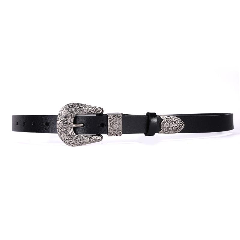 Women's Retro Carved Black Genuine Leather Belt with Pin Buckle