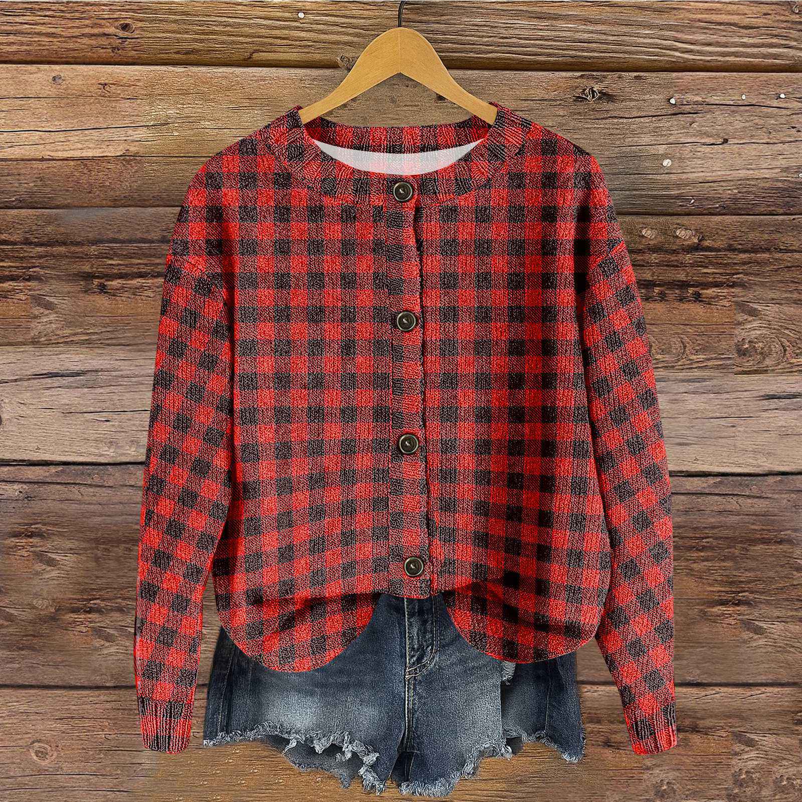 

Женский винтажный вязаный кардиган-жакет на пуговицах с винтажным цветочным принтом в полоску XL красный