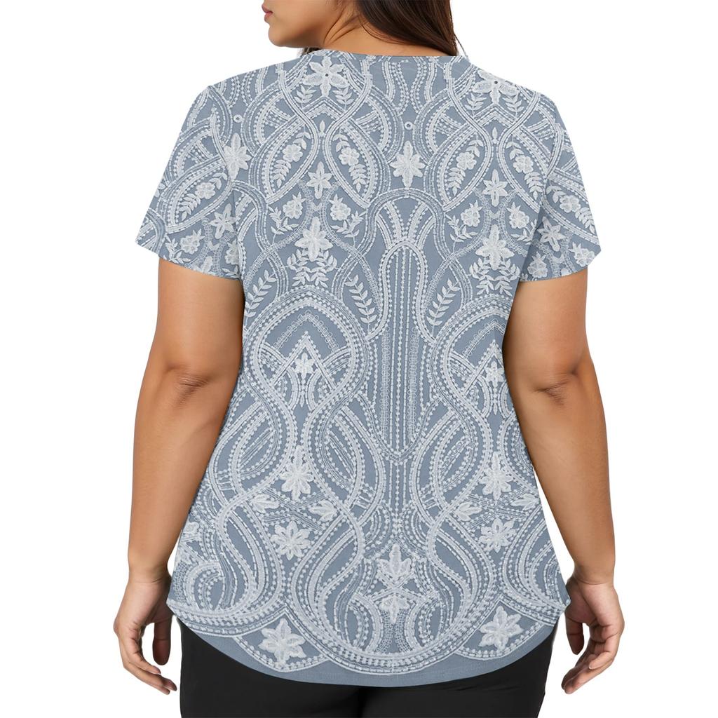 Women's Fashion Polka Dot V-Neck Short Sleeve Work Top with Pockets, Caregiver Uniform Shirt