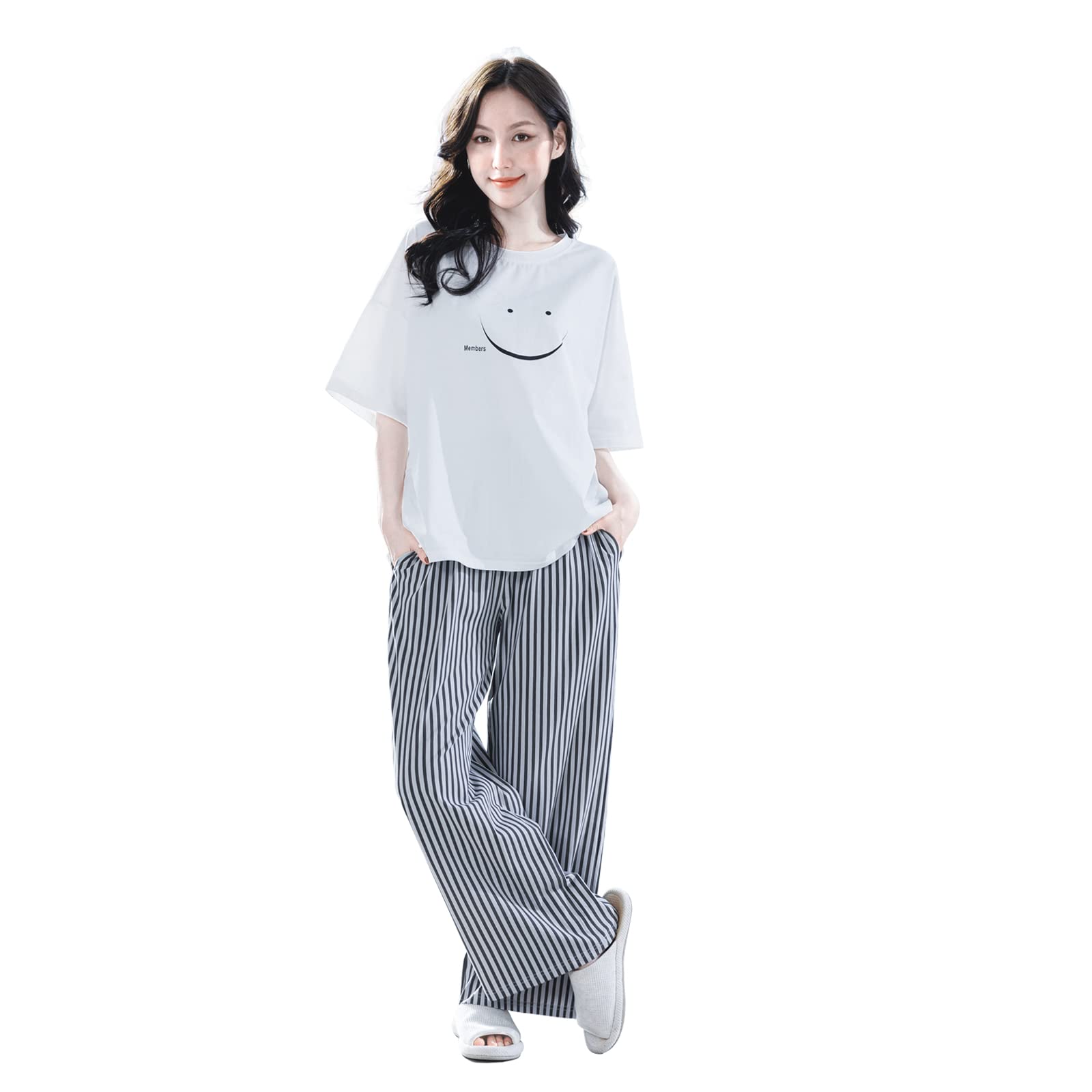

AJISAI LOVE Cotton Loungewear Set for and Short and Long Cute Pajamas for and Striped and Checked Travel Loose Fit Women s Pajamas, Spring, Summer,