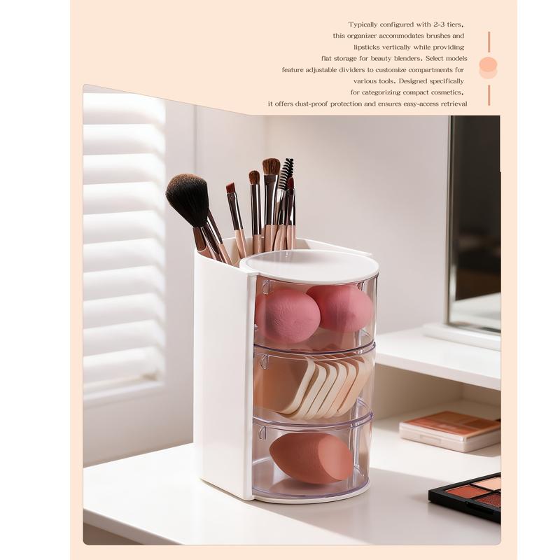 3-layers Rotating Dustproof Cosmetic Storage Box Multilayer Makeup Sponge Cushion Powder Puff Organizer Tube Desktop Makeup Storage