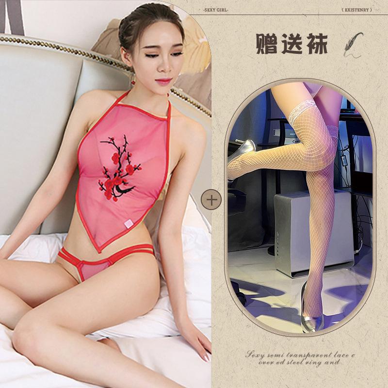 Vintage classic sex belly pocket female sexy perspective underwear set seductive court embroidery flower perspective red pocket adult
