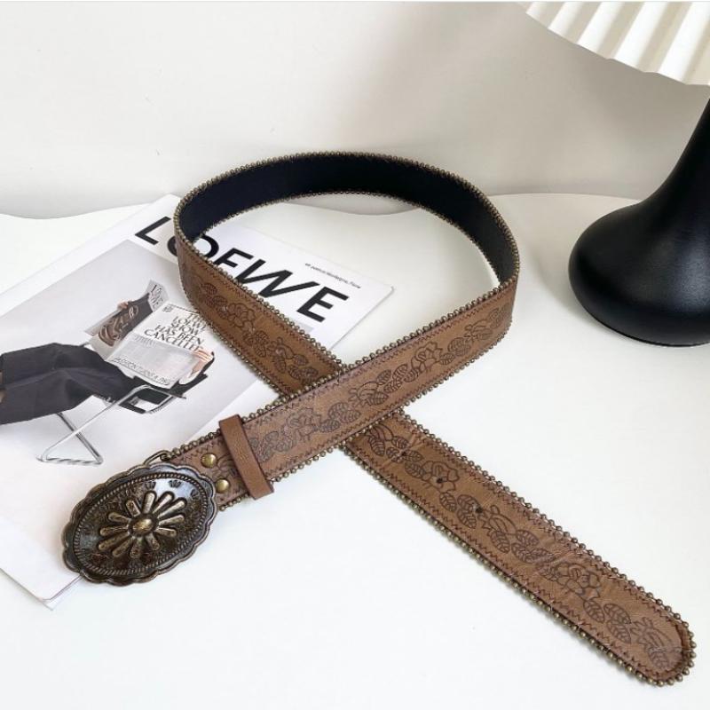 Vintage Carved Buckle Pu Wide Belts Boho Brown Embossed Waistband Western Jeans Pants Belt