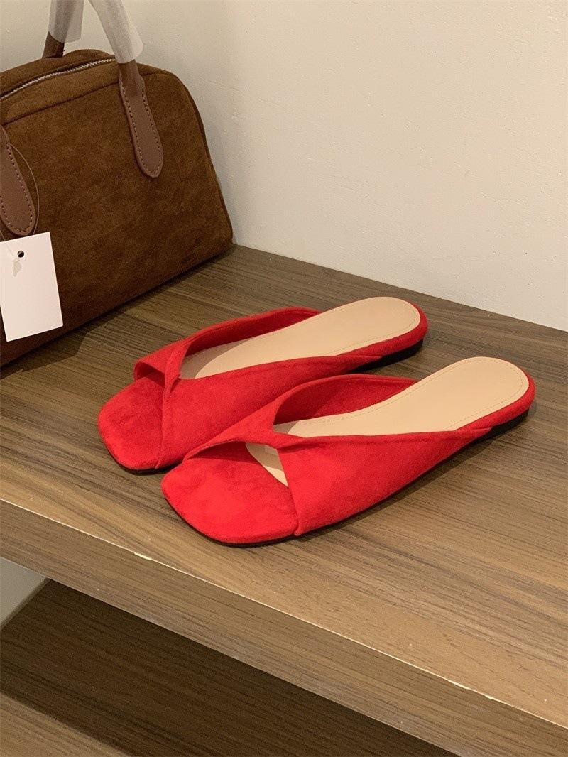 

Праздничный ветер с открытым носком одно слово женщина 2025 лето новый нежный и простой мягкая подошва пляжные завязанные прохладные тапочки 40 красный