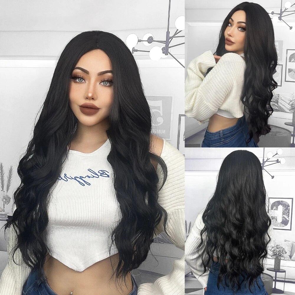 Long Wavy Ombre Black White Synthetic Wigs for Women Heat Resistant Natural Middle Part Cosplay Party Lolita Daily Hair Wigs