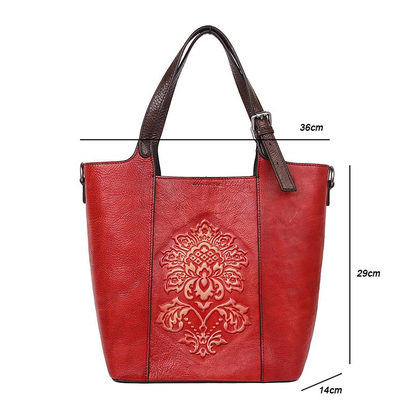 Johnature Retro Luksus Håndvesker Kvinner Bøtteveske Vintage Stor Kapasitet Floral Kuskinn Håndlagde Pregede skuldervesker