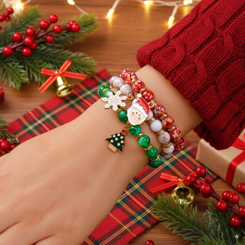 Christmas  Ol Paper Card Bracelet Set, Santa Snowman Reindeer Beaded Charm Bracelets, Holiday Jewelry Gift for Women & Gi