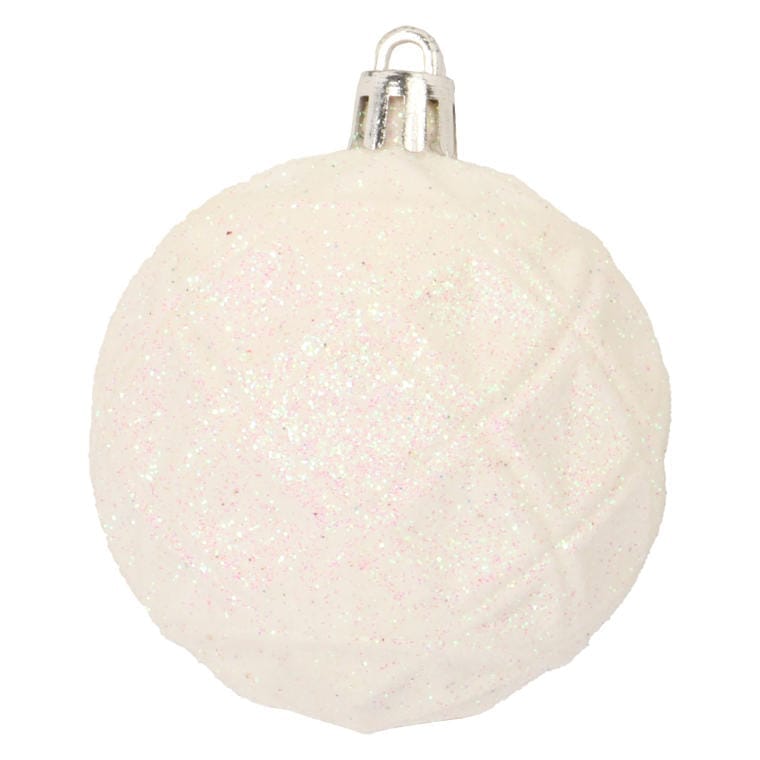 Set of 6 White Plastic Baubles with Embossed Diamond Pattern - 3 Silver-Plated, 3 Glitter, Diameter 6 Cm