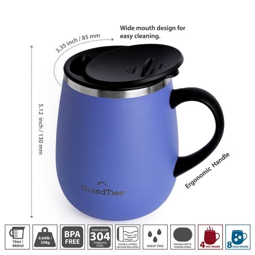 GRANDTIES Premium Vacuum Insulated Mug, 460ml, Available In 19 Colors, with Easy-Open Sliding Lid, Stainless Steel Double-Wall Vacuum Insulation, and