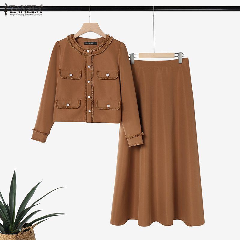 ZANZEA Damen Langarmbluse und Lange Röcke Lässige Zweiteiler Anzugsets