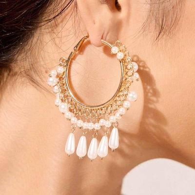 Exaggerated Retro Large Pearl Tassel Circle Earrings - Slimming Court Style Holiday Accessory for Women