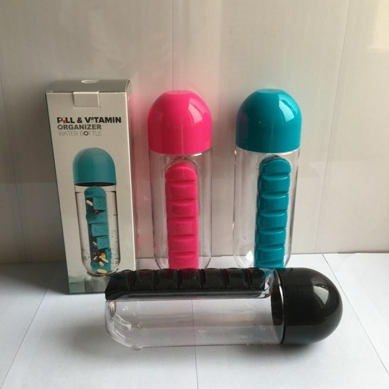 2-in-1 600ml Water Cup Sports Plastic Water Bottle Combine Daily Pill Boxes Organizer Drinking Bottles With 7 Grids Medicine Box