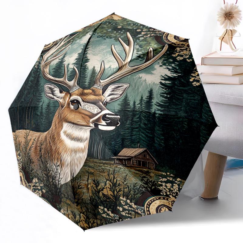 Forest Deer Skull Outdoor Automatic Umbrella Sturdy 8 Rib Durable Plastic Iron Outdoor Daily Use Outdoor Accessory Perfect Gift Friends