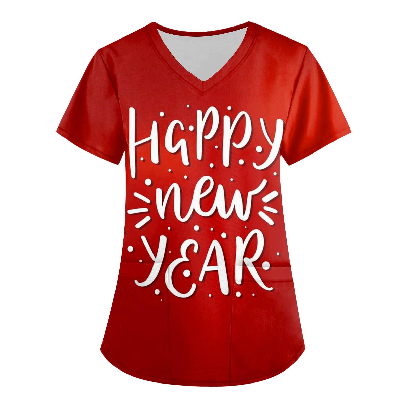 

Женская мода 2024, новогодние топы с принтом и короткими рукавами и V-образным вырезом, рабочие футболки с карманами XXXL красный
