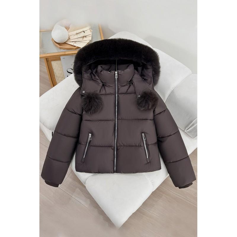 Womens Short Puffer Coat With Faux Fur Collar Hooded Winter Jacket Thick Warm Cotton Fill Korean Style