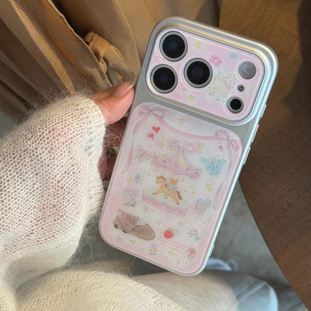 Korean Cute Pink Carousel Deer Bow iPhone 17 Pro 16 Pro Max 14 15 Case Anti Drop Protective Cover