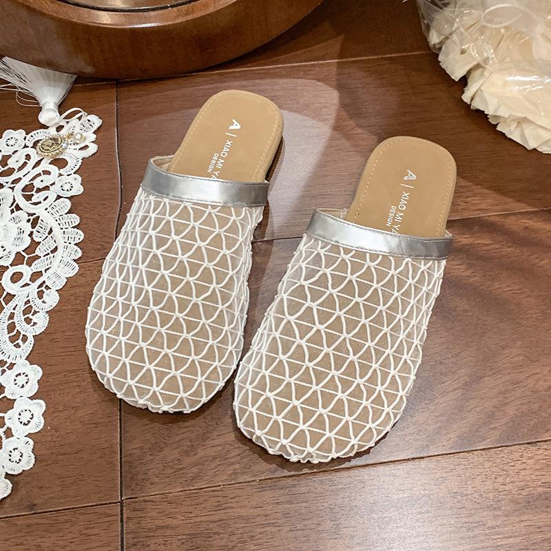 New fishing net bag head slippers women's summer new one-pedal hollow mesh cool slippers breathable flat bottom sandals