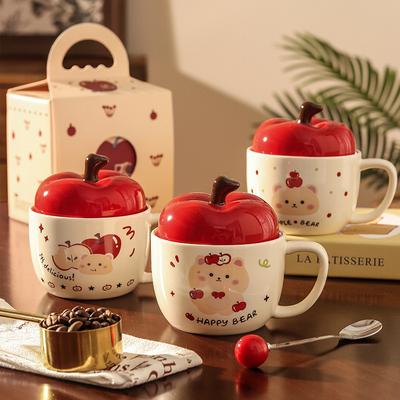 Cute Apple Bear Mug with Lid Spoon Girl High Value Ceramic Cup Home Drinking Cup Birthday Gift